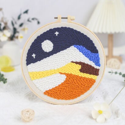Starry mountain landscape punch needle embroidery hoop, sunset scenery tufted handmade wall decor