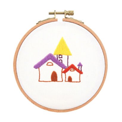 Cartoon fairy tale castle embroidery hoop, colorful hand embroidery wall decor on white fabric
