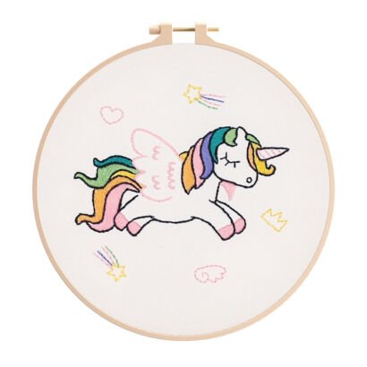 Flying winged unicorn embroidery hoop, colorful cartoon hand embroidery wall decor on white fabric