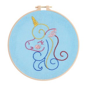 Simple line unicorn embroidery hoop art, colorful thread hand embroidery wall decor on light blue fabric