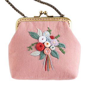 Pink linen kiss lock crossbody purse, handmade 3D floral embroidery vintage mini shoulder bag