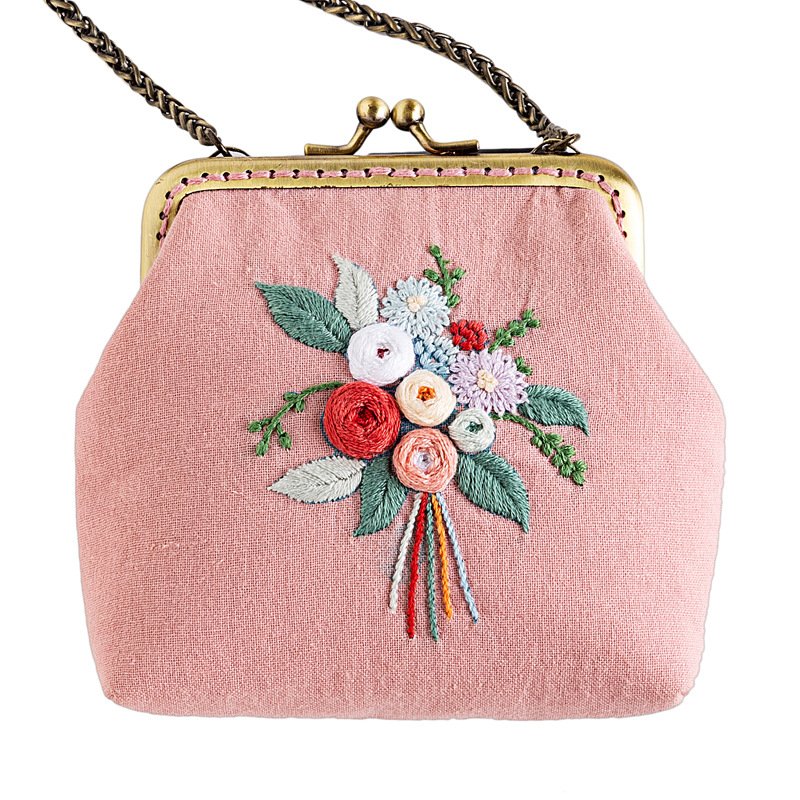 Pink linen kiss lock crossbody purse, handmade 3D floral embroidery vintage mini shoulder bag