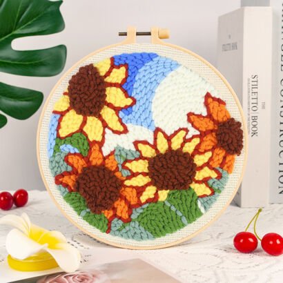 Finished sunflower punch needle artwork in bamboo embroidery hoop, colorful tufting wall decor