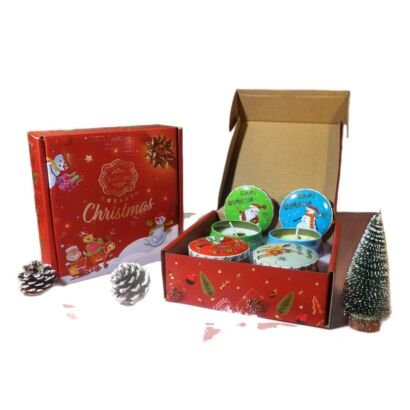 Christmas themed tin scented candle gift box set, holiday aromatherapy candle tins with Santa and snowman patterns, festive gift pack