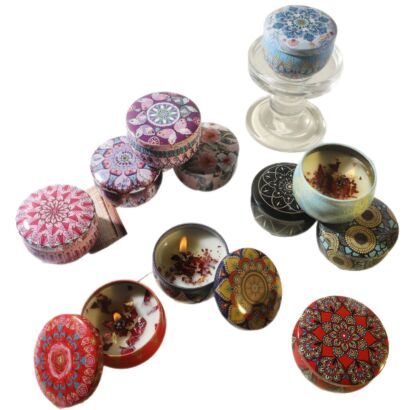 Assorted boho mandala patterned tin scented candles, mini dried flower aromatherapy candle tins, multi-color home fragrance collection