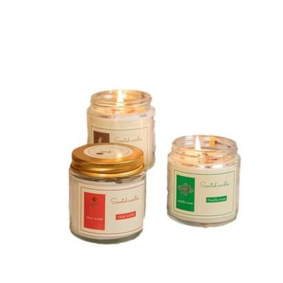 Clear glass jar scented candles with golden lids, simple label design aromatherapy candles, multi-scent home candles