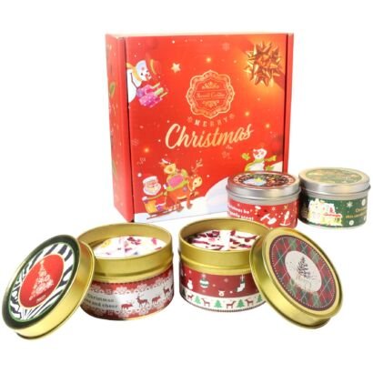 Christmas themed tin scented candle gift set, dried flower aromatherapy candle tins, holiday festive fragrance gift pack