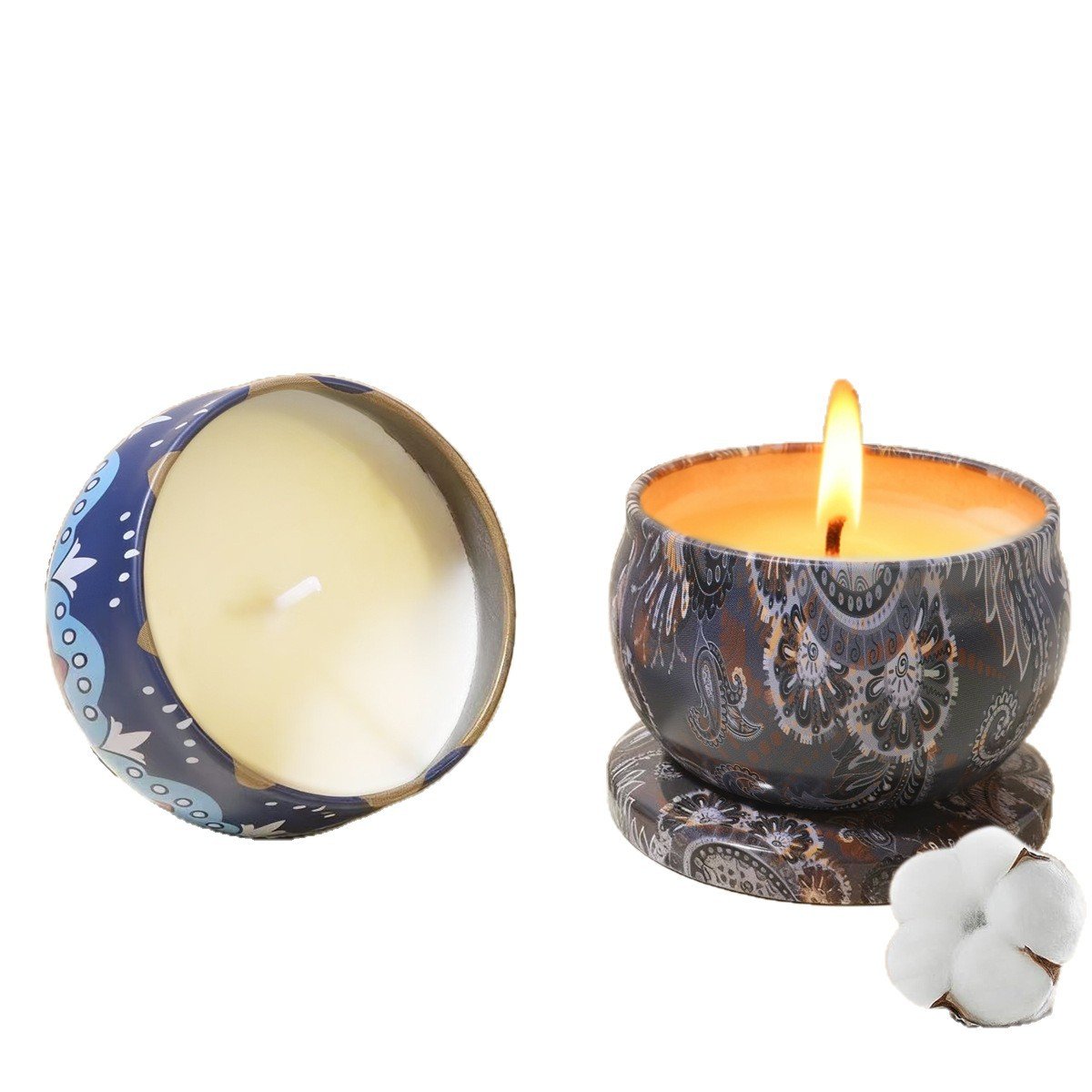 Bohemian patterned tin scented candle, portable small aromatherapy candle with lid, vintage home fragrance decor