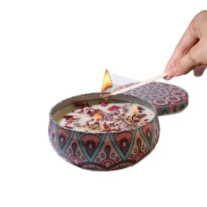 Bohemian printed tin jar scented candle with dried rose petals, dual-wick aromatherapy candle