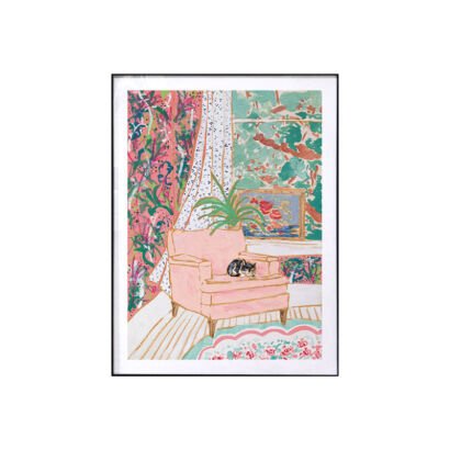 Framed impressionist painting of a cozy living room scene with a black cat sleeping on a light pink armchair surrounded by colorful pink and green wallpaper