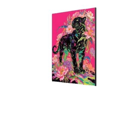 Canvas print featuring a black panther with colorful iridescent highlights standing among bright pink, purple, and orange flowers against a neon hot pink background