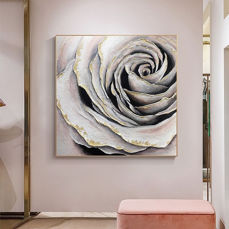 Golden Edge Blossom: 100% Hand-Painted Macro Rose Textured Canvas Wall Art - Image 3
