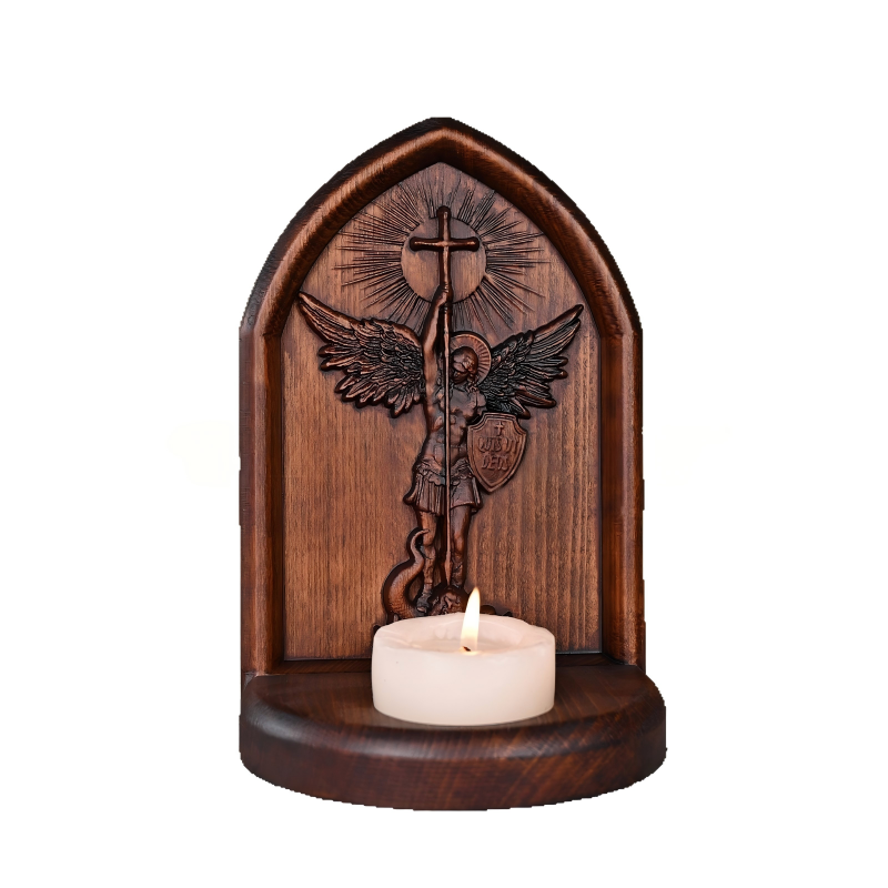 Handcrafted Wooden St. Michael Archangel Altar Shrine - Candle Holder & Devotional Decor - Image 3