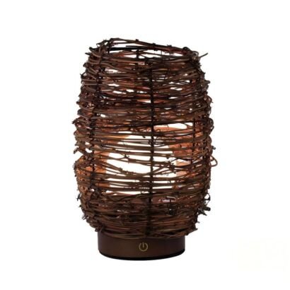 Cylindrical woven rattan table lamp with touch control base, isolated on white background