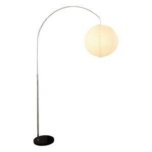 Arched silver arc floor lamp with round white paper lantern shade, isolated on white background