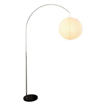 Arched silver arc floor lamp with round white paper lantern shade, isolated on white background