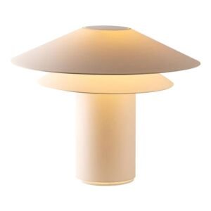 A modern minimalist table lamp in cream-white, featuring a wide two-tier conical shade over a smooth cylindrical column base, isolated on a white background.