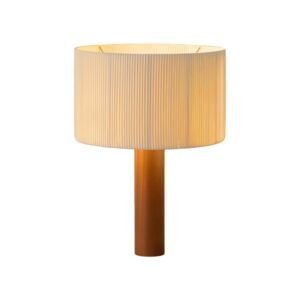 A modern table lamp featuring a wide cream-white pleated fabric drum shade supported by a warm wooden cylindrical column base, isolated on a white background.
