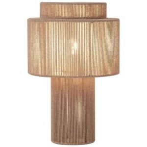 A modern architectural table lamp crafted with tightly woven beige-brown thread featuring a stepped two-tier top shade and a cylindrical base emitting a soft warm glow, isolated on a white background.