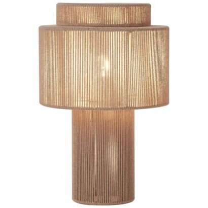 A modern architectural table lamp crafted with tightly woven beige-brown thread featuring a stepped two-tier top shade and a cylindrical base emitting a soft warm glow, isolated on a white background.