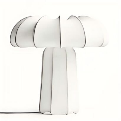 A modern sculptural table lamp featuring a mushroom-shaped white translucent fabric shade and matching base with stitched dark seam edges, isolated on a white background