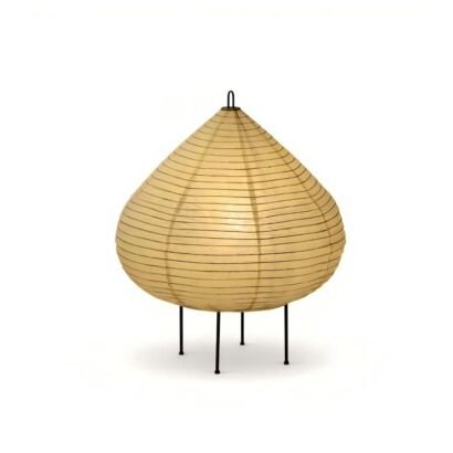 A modern Japanese-style teardrop paper lantern table lamp featuring ribbed rice paper construction supported by thin black metal wire tripod legs isolated on a plain white background.