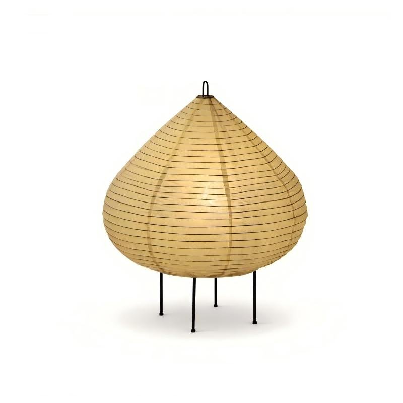 A modern Japanese-style teardrop paper lantern table lamp featuring ribbed rice paper construction supported by thin black metal wire tripod legs isolated on a plain white background.