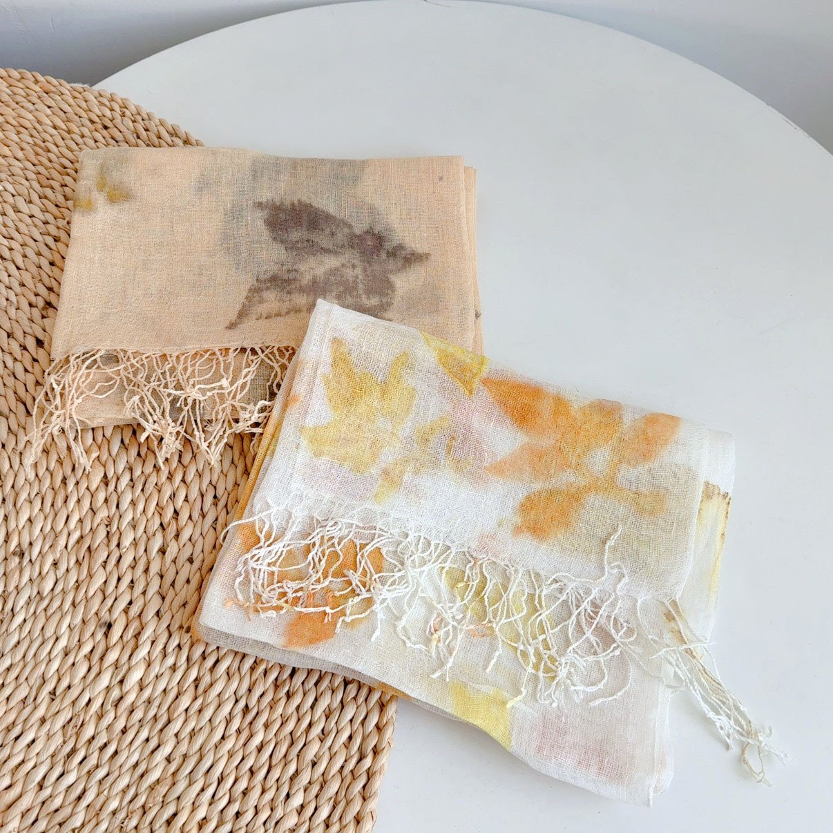 Botanical Whisper: 100% Eco-Printed Artisan Linen-Silk Fringed Scarf - Image 3