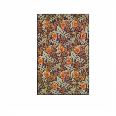 Rectangular vintage area rug featuring a dense Arts and Crafts floral motif of orange dandelions and intertwined green and purple leaves