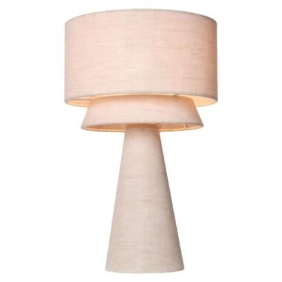 A modern sculptural table lamp featuring a tapered off-white base, a two-tier layered fabric shade with subtle texture, and a soft warm ambient glow isolated on a plain background.