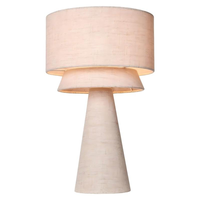 A modern sculptural table lamp featuring a tapered off-white base, a two-tier layered fabric shade with subtle texture, and a soft warm ambient glow isolated on a plain background.