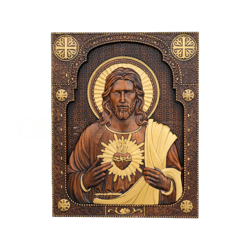 Handcrafted Sacred Heart of Jesus Wooden Relief Icon Plaque - Byzantine Catholic Wall Art - Image 3