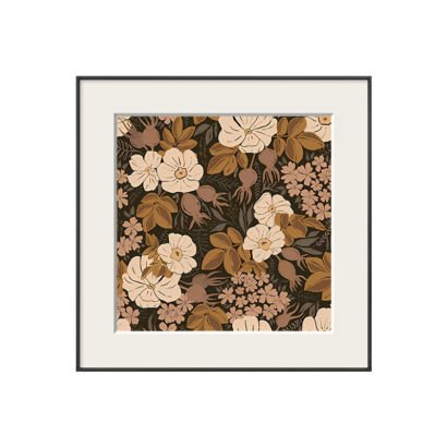 Square framed floral art print featuring retro cream white blossoms, golden oak leaves, and rose hips against a dark background in a white mat board and black frame