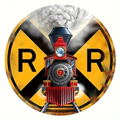 Round vintage railroad crossing sign featuring a red and black steam locomotive train with billowy smoke and yellow RR crossbuck logo
