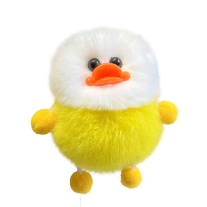 A round, fluffy plush duck keychain charm with a white head, bright yellow body, glossy black eyes, an orange bill, and small yellow pom-pom wings and feet against a plain white background.