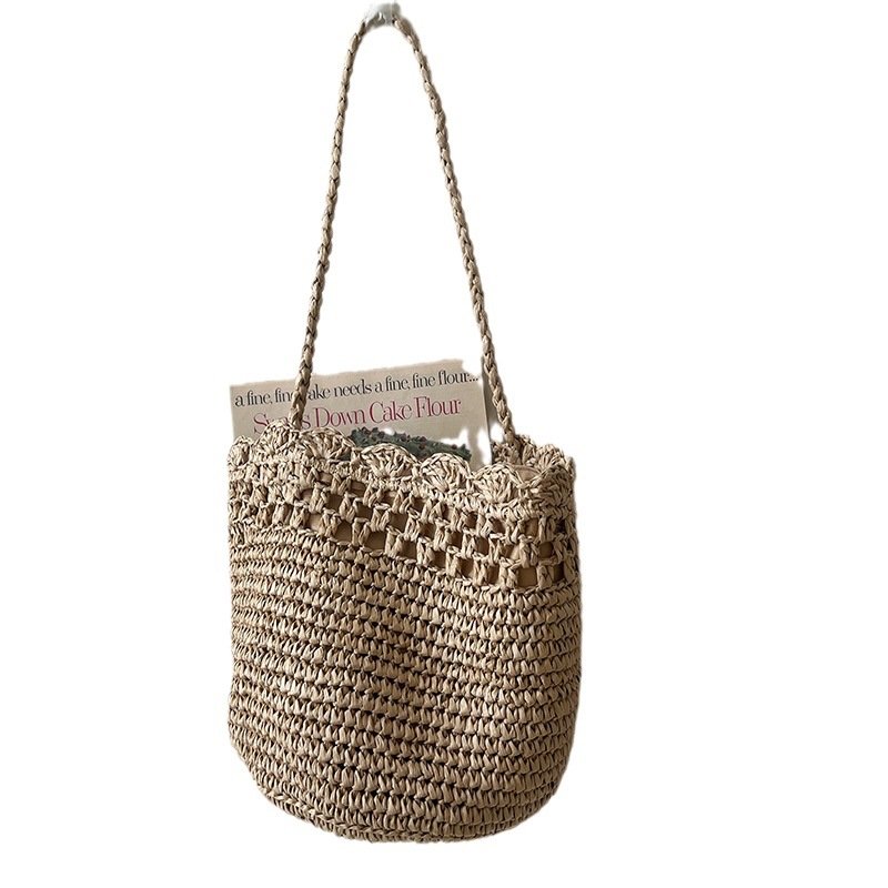 The Meadow Wave: Scalloped Open-Knit Straw Bucket Bag - Image 4