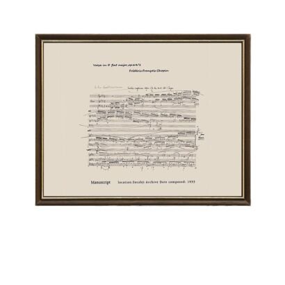 Framed vintage musical manuscript print of Chopin's Waltz in D-flat major Op. 64 No. 1 printed on beige parchment paper inside a dark wood frame