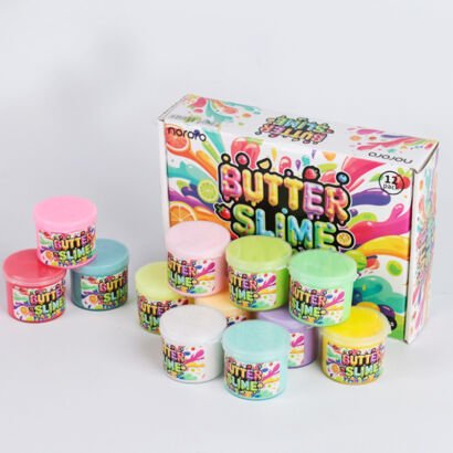 A colorful 12-pack butter slime kit featuring twelve individual containers filled with smooth, multicolored slime in shades like pink, blue, yellow, mint green, and purple, arranged in front of a brightly illustrated fruit-themed packaging box against a plain white background.