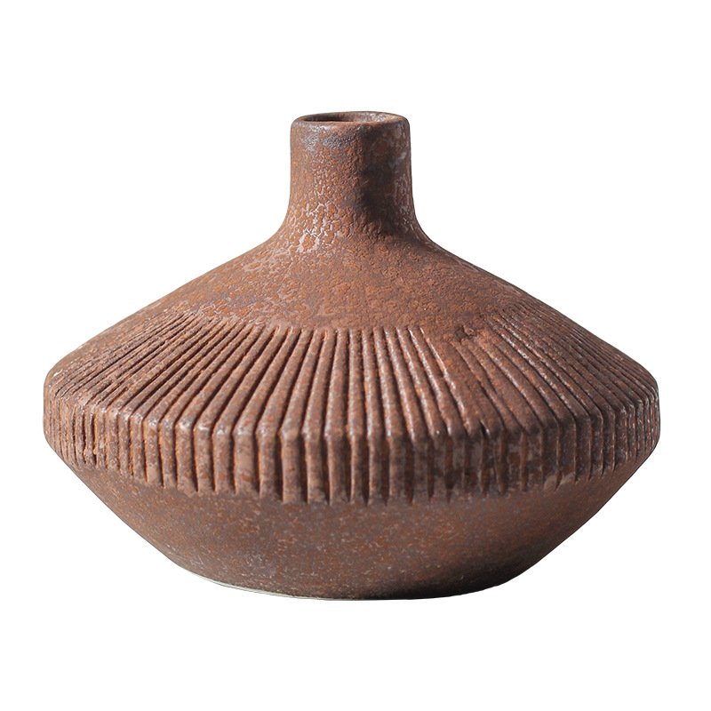 Primitive Fluted Rust Ceramic Bud Vase | Wabi-Sabi Squat Terracotta Stoneware Vessel - Image 6