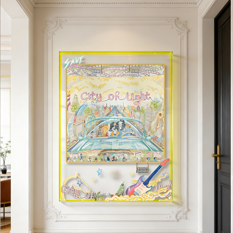 City of Light Retro Pop Silk Scarf Wall Art, 3D Acrylic Shadow Box Rock & Roll Decor - Image 3