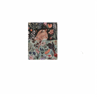 Whimsical art print featuring a sleeping orange ginger tabby cat tucked into a bed surrounded by colorful garden flowers and botanical motifs