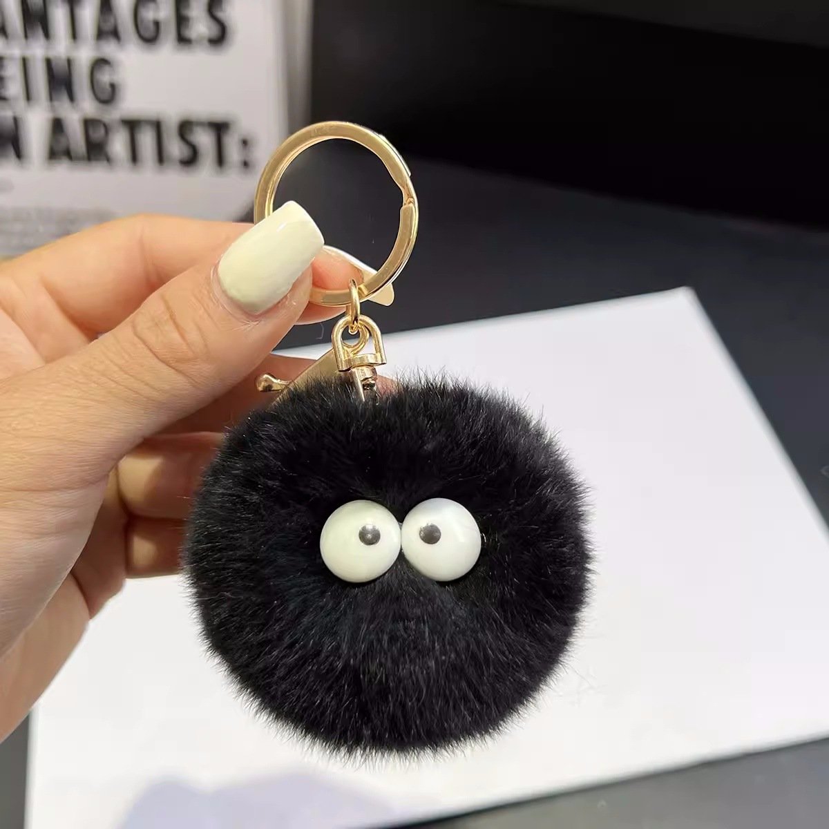 Orange Big-Eye Soot Sprite Pom-pom Keychain, Funny Cute Plush Charm, Car Key & Bag Pendant, Small Gift For Students & Besties - Image 3