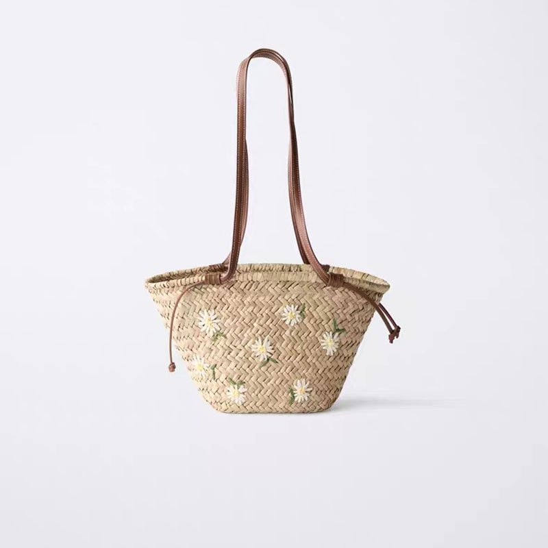 The Meadow Daisy Basket Tote: Embroidered Straw Market Bag - Image 3