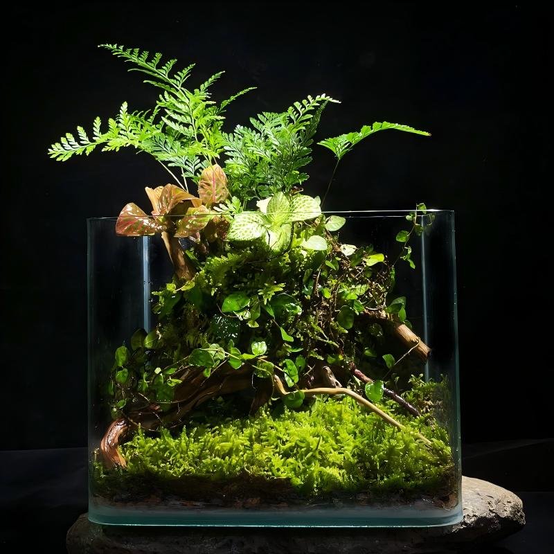 A square open-top glass terrarium filled with a lush tropical landscape, featuring vibrant green carpet moss, natural driftwood, nerve plants, and tall delicate ferns reaching out from the top against a dark background.