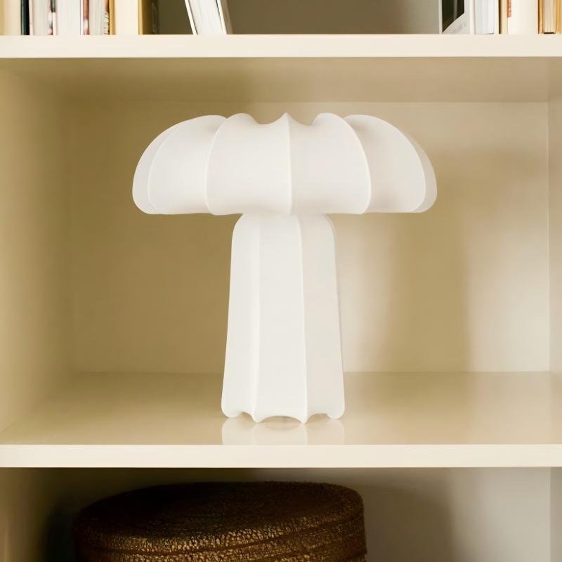 A uniquely distinctive small table lamp featuring white stretch fabric and a bulbous, garlic-like shape; suitable for living rooms, bedrooms, guesthouses, and hotels as a decorative interior lighting piece. - Image 7
