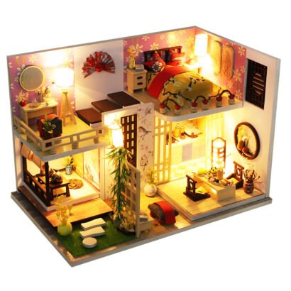 DIY miniature traditional Chinese loft dollhouse kit, two-story oriental bedroom & tea room mini house with warm LED lights and courtyard landscape