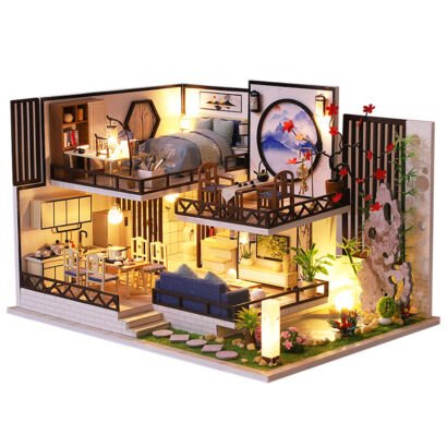 DIY miniature new Chinese style loft dollhouse kit, two-story open villa with LED lights, courtyard rockery and traditional Chinese interior decor