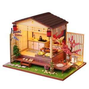 DIY miniature Japanese style courtyard dollhouse kit, traditional izakaya backyard cabin with LED lights, cherry blossom and koi flag decor