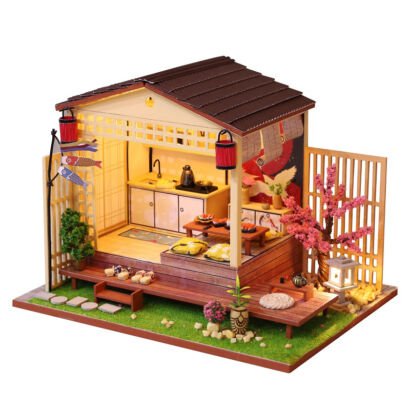 DIY miniature Japanese style courtyard dollhouse kit, traditional izakaya backyard cabin with LED lights, cherry blossom and koi flag decor
