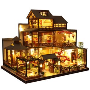 DIY miniature wooden dollhouse kit, traditional Chinese multi-story courtyard villa with LED warm lights, garden pavilion and courtyard scenery
